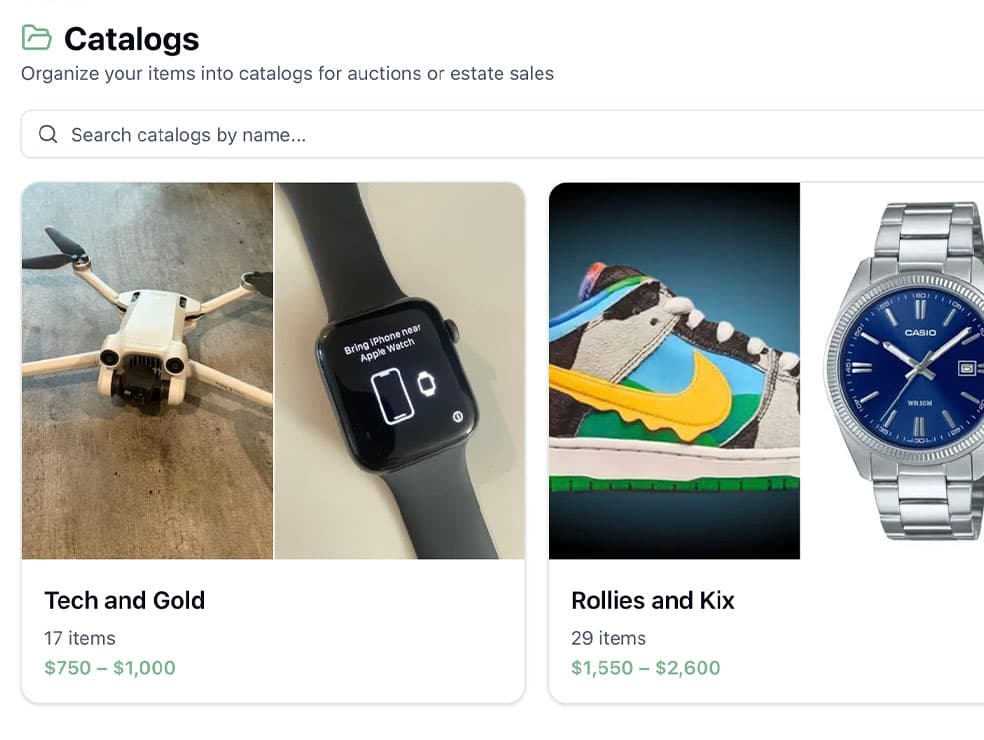 Estimint auction catalog with lot numbers and drag-and-drop reordering