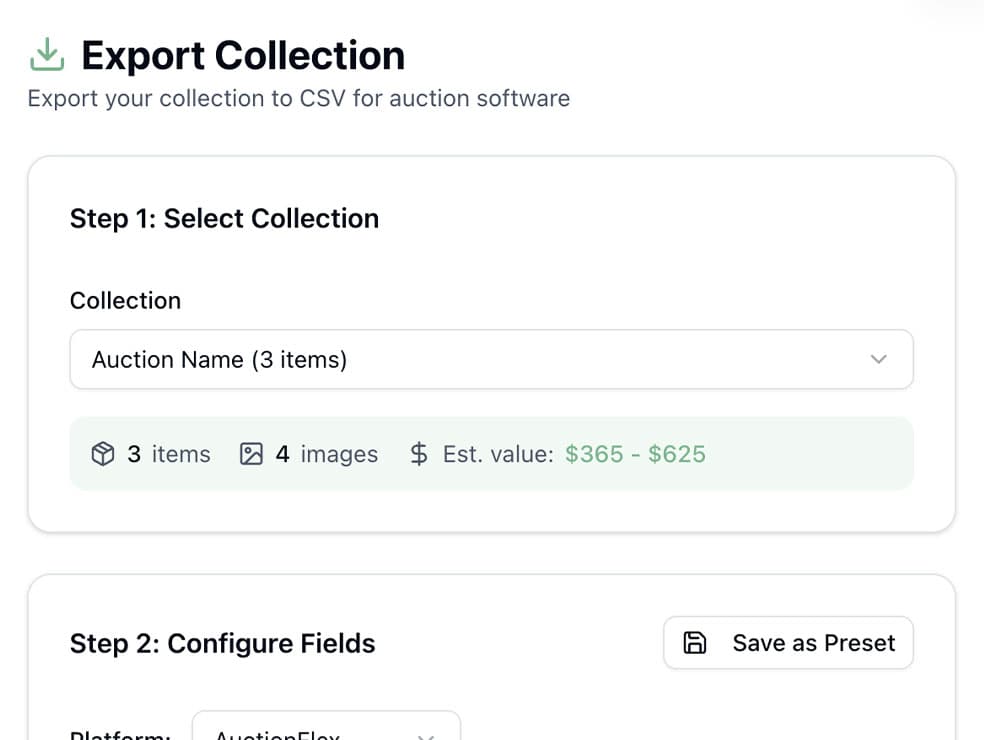 Auction catalog CSV export with field mapping for AuctionFlex and Proxibid
