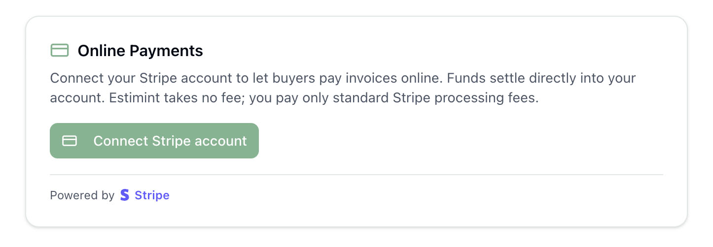 The Online Payments card in Estimint settings