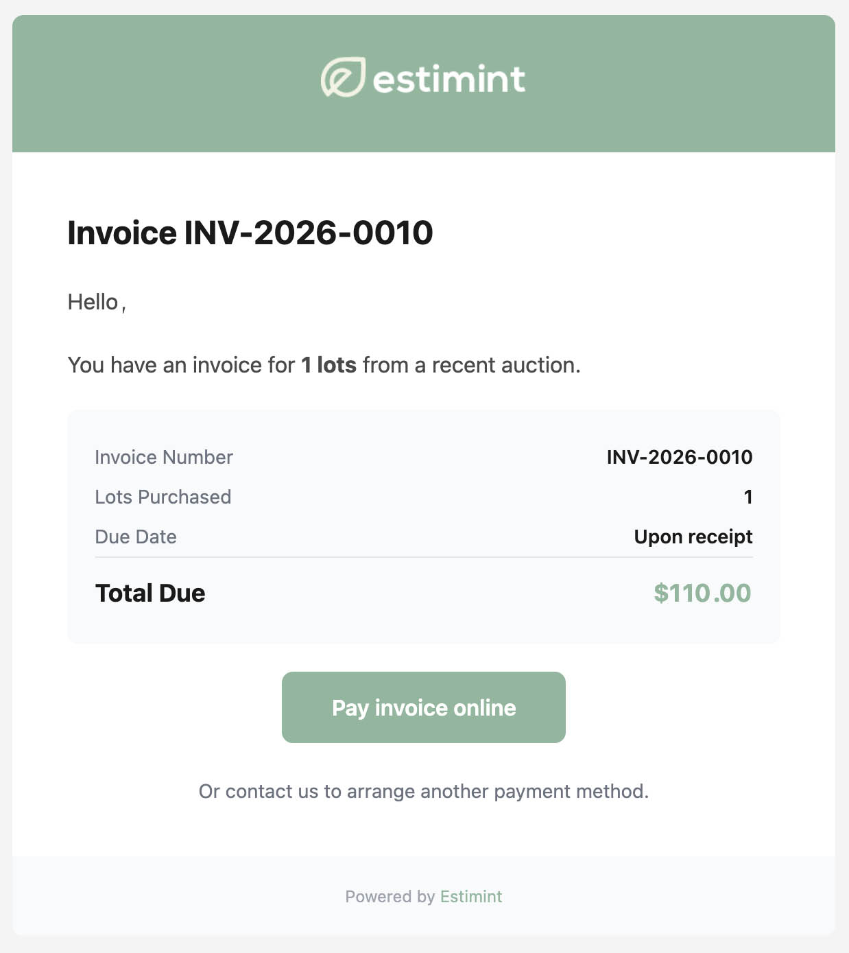 The invoice email with a Pay invoice online button